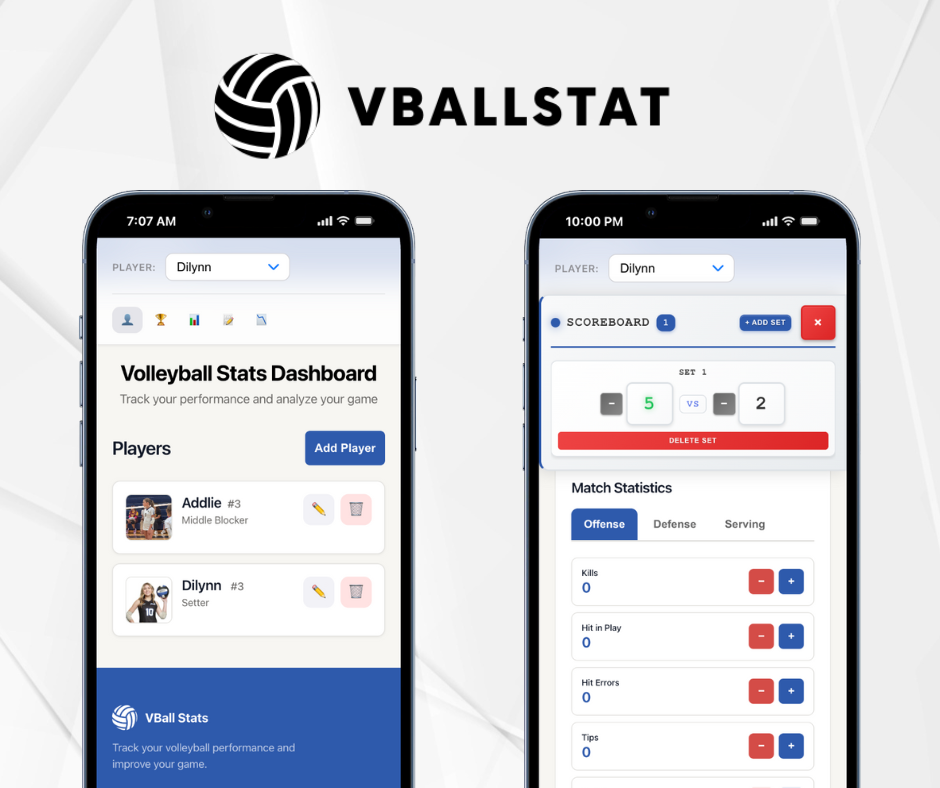 VballStat app showing player statistics and performance tracking